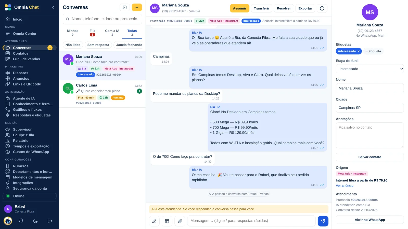 Tela do Omnia Chat: a IA respondendo os planos da cidade do cliente no WhatsApp