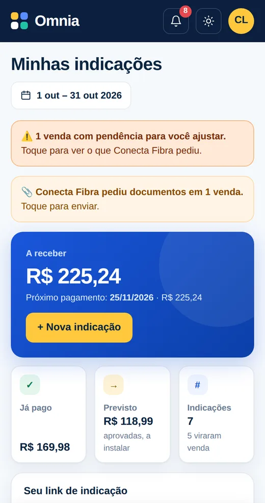 Tela do parceiro no celular com o valor a receber