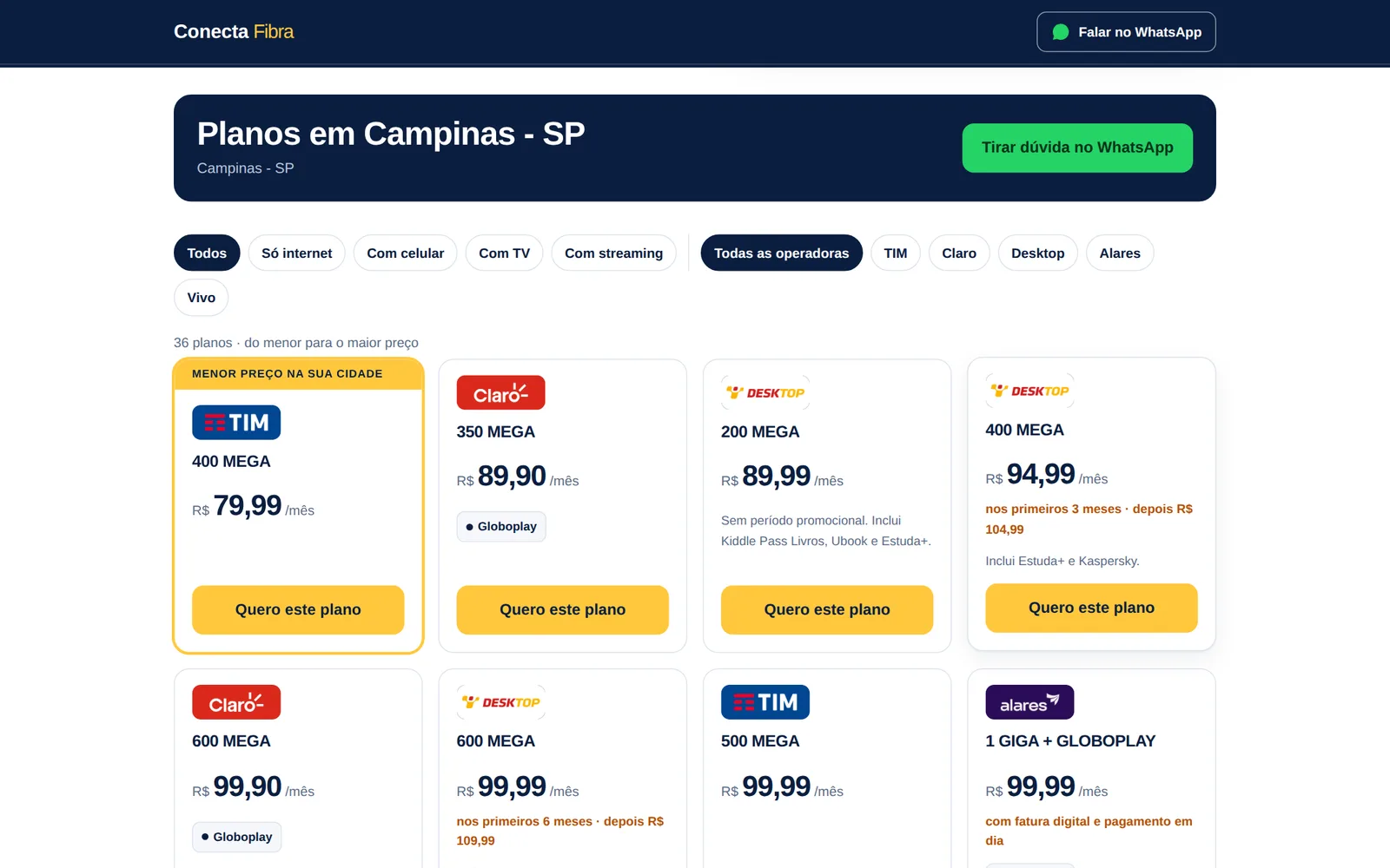 Página de planos com busca por cidade mostrando os planos de cada operadora